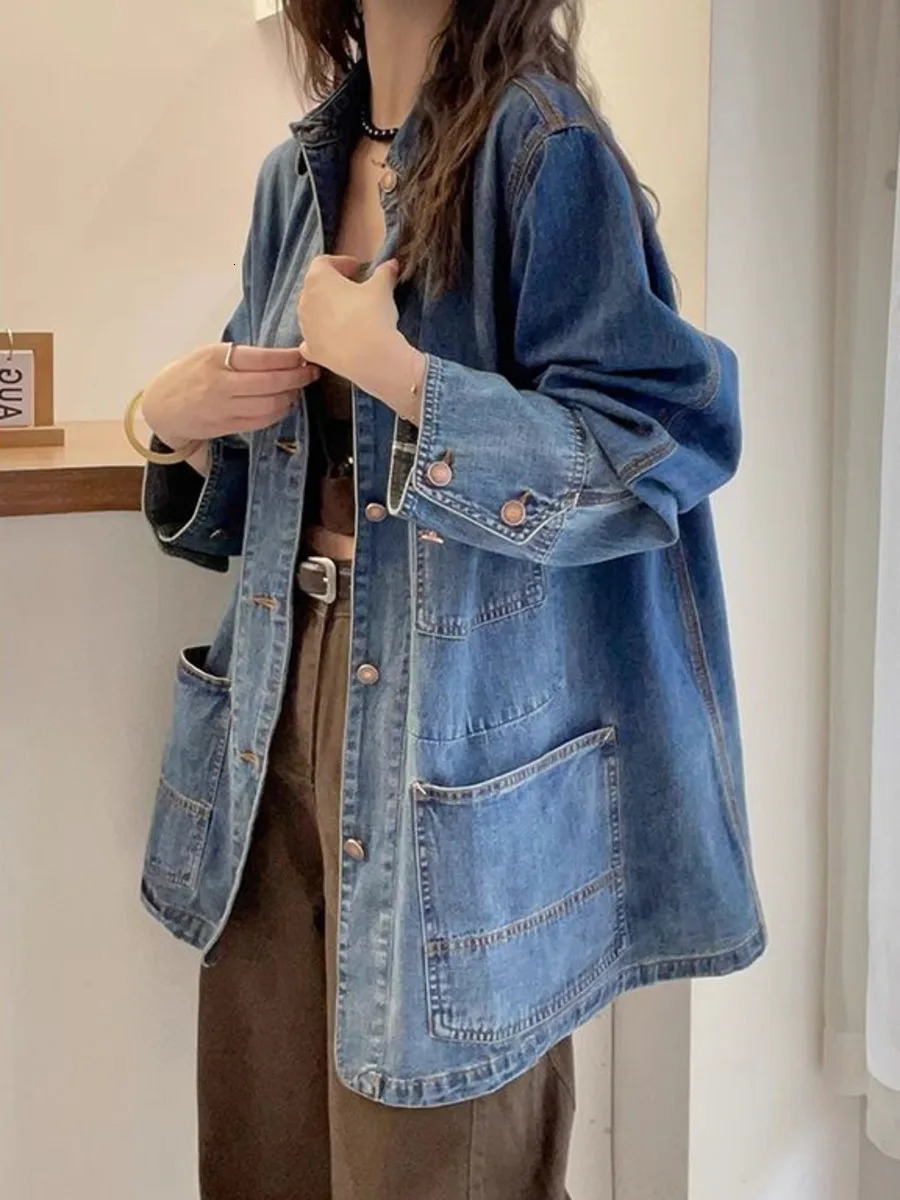 Multiple Pocket Cargo Denim Jacket for Women Spring Autumn Chic Long Sleeve Casual Loose Versatile Jean Coat Outerwear 250109