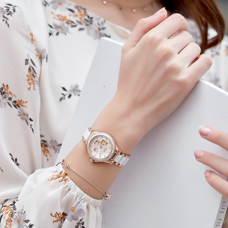 Trendy SOLLEN Women's Automatic Watch with Skeleton Dial and Ceramic Band