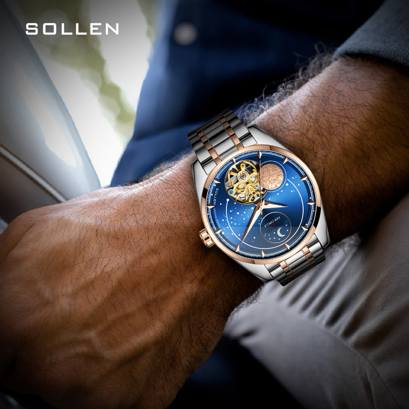 Men's Star Moon Design Automatic Mechanical Watch with Stainless Steel Band