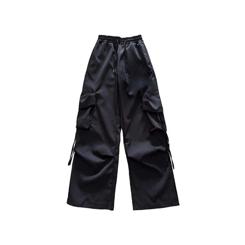 American vintage niche workwear pants for women, featuring 3D pockets, high-waisted, straight-leg, wide-leg, with decorative straps and loose, casual,