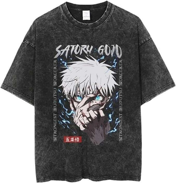 Washed t-shirt, street hip-hop anime, five mantras, battle back graphics, casual cotton, summer short sleeve