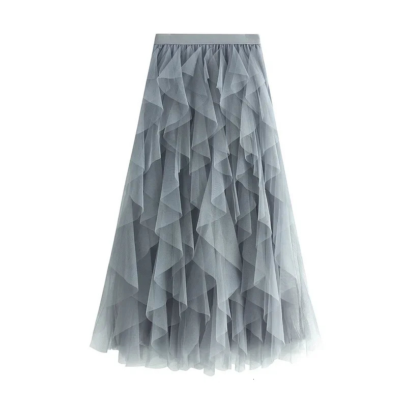Elastic High Waist Irregular Mesh Long Skirt Women Elegant Harajuku Skirts Faldas Y2k Saias Casual Woman Clothing Jupe Femme 250106
