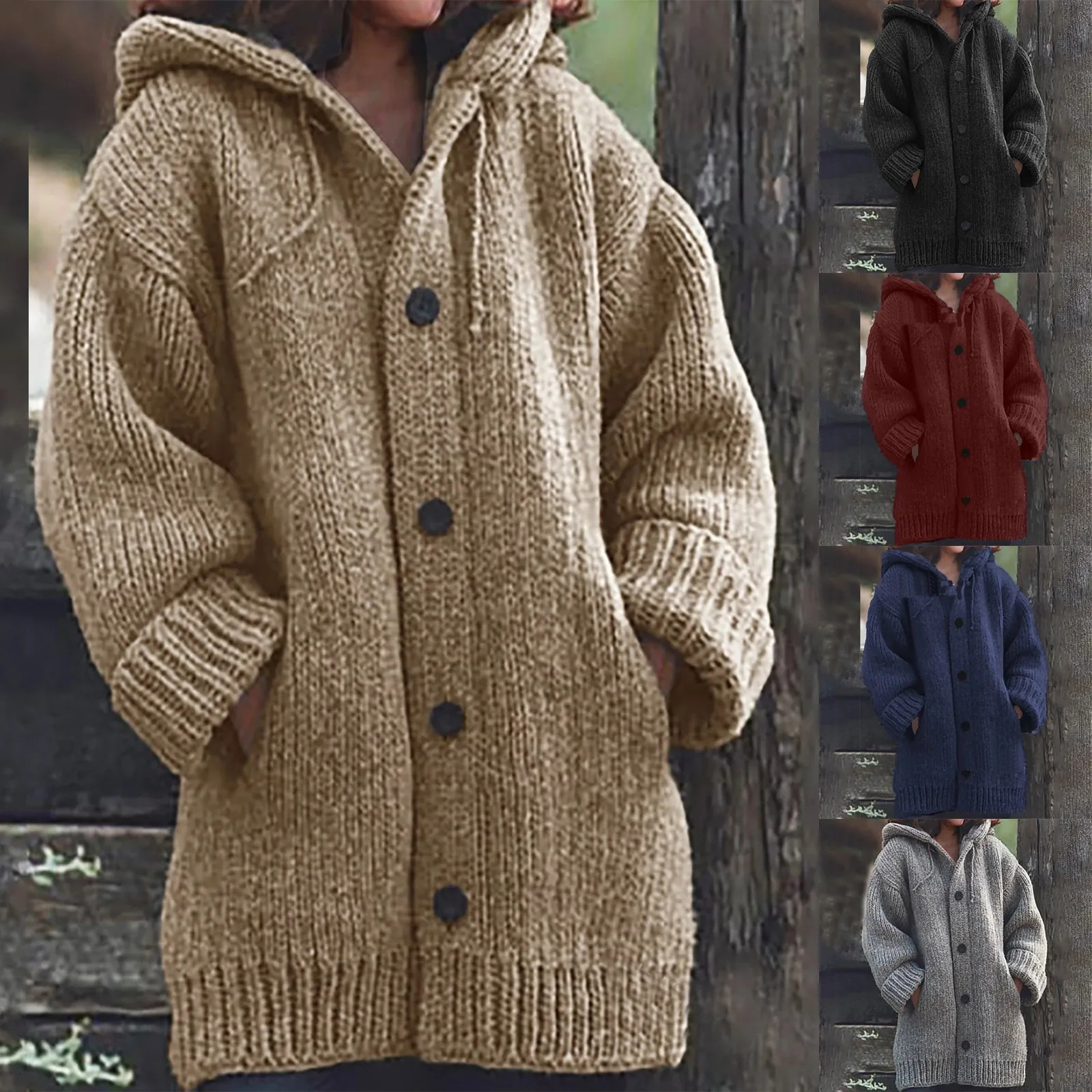 Solid color cardigan sweater for women plush and thick autumn and winter hooded and minimalist jacket Pocket Shawl for wome 250106