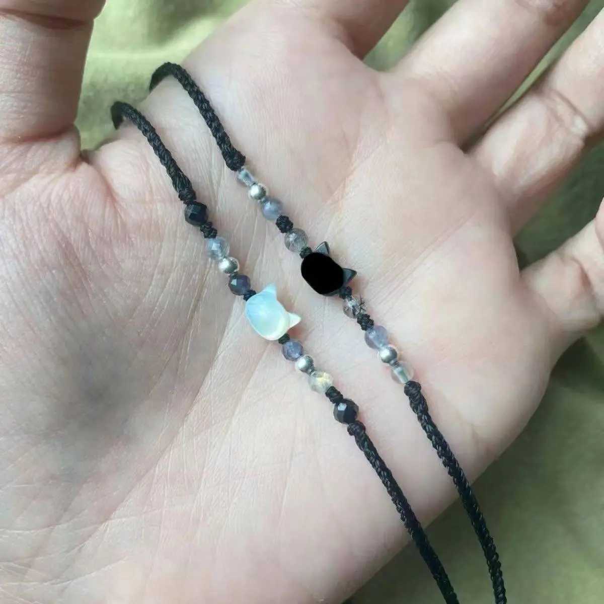2pcs Natural Moonstone Obsidian Bracelets Couple Minimalist Bracelet Handmade Cute Black White Cat Bracelet Party Jewelry GiftsXJ250109