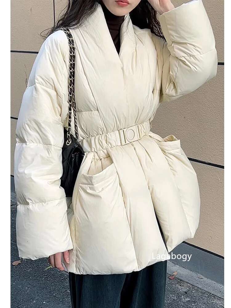 Lagabogy 2024 Winter Belt Waist-Tight Elegant Warm 90% White Duck Down Jacket Female Long Sleeve Solid Color V-Neck Puffer Coat