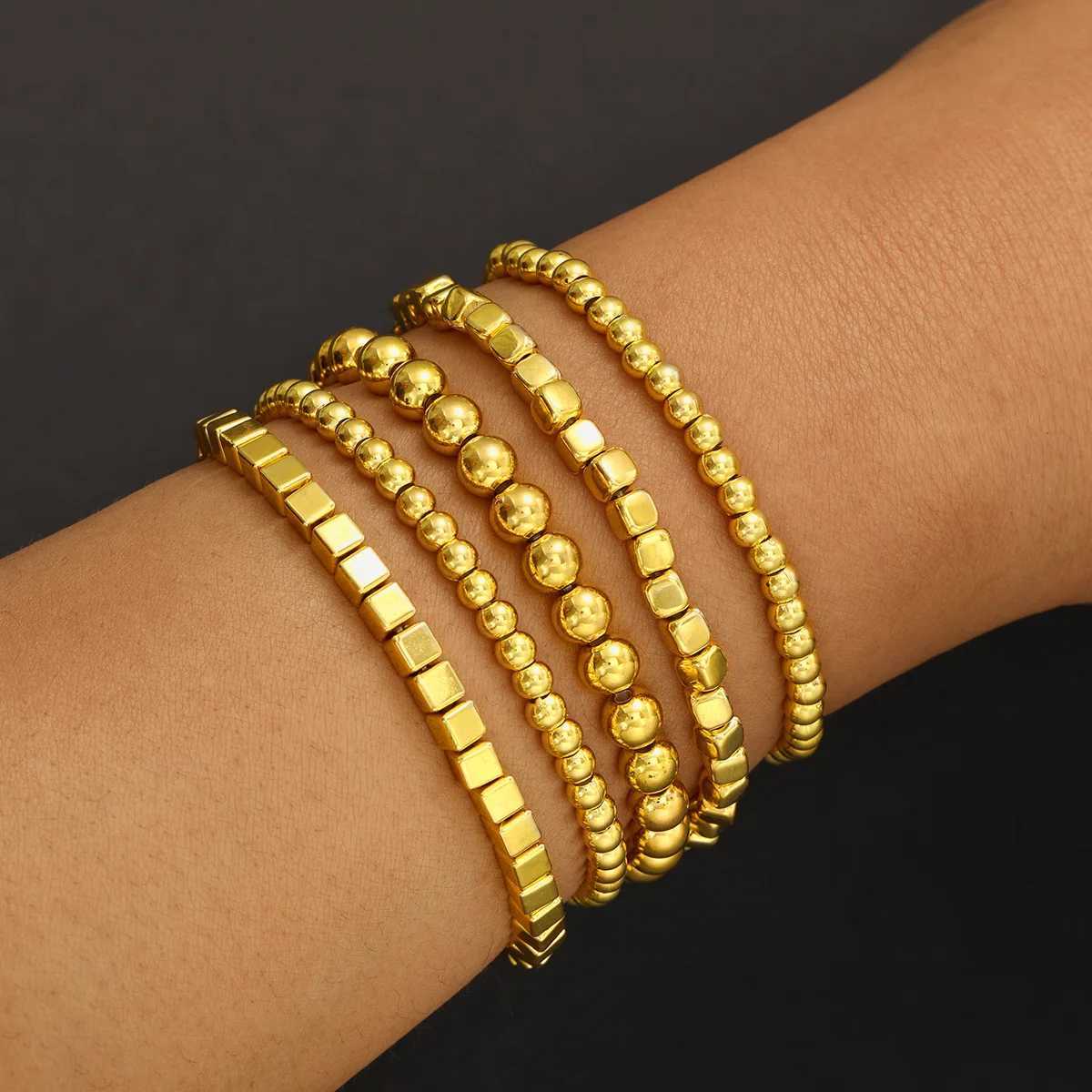 5pcs Boho Fashion Elegant Bracelets For Women New Vintage Geometric Gold Color Elastic Beads Chain Luxury Jewelry Gifts 2024XJ250109