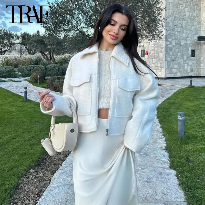 TRAF White Tweed Jacket Women Cropped Bomber Jackets for Long Sleeve Zipper Woman Autumn Streetwear Outerwears 250109