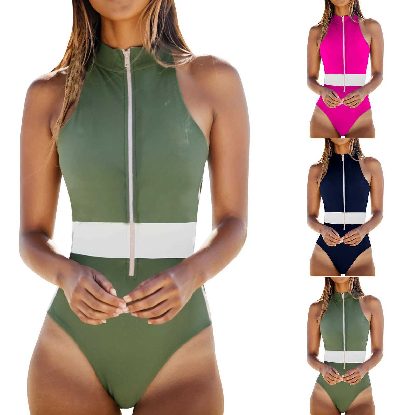 New WomenS One Piec Swimsuit Solid Bikini Sev Swimsuit Zipper Round Neck Surfing Diving One Piece Swimwear XJ240108