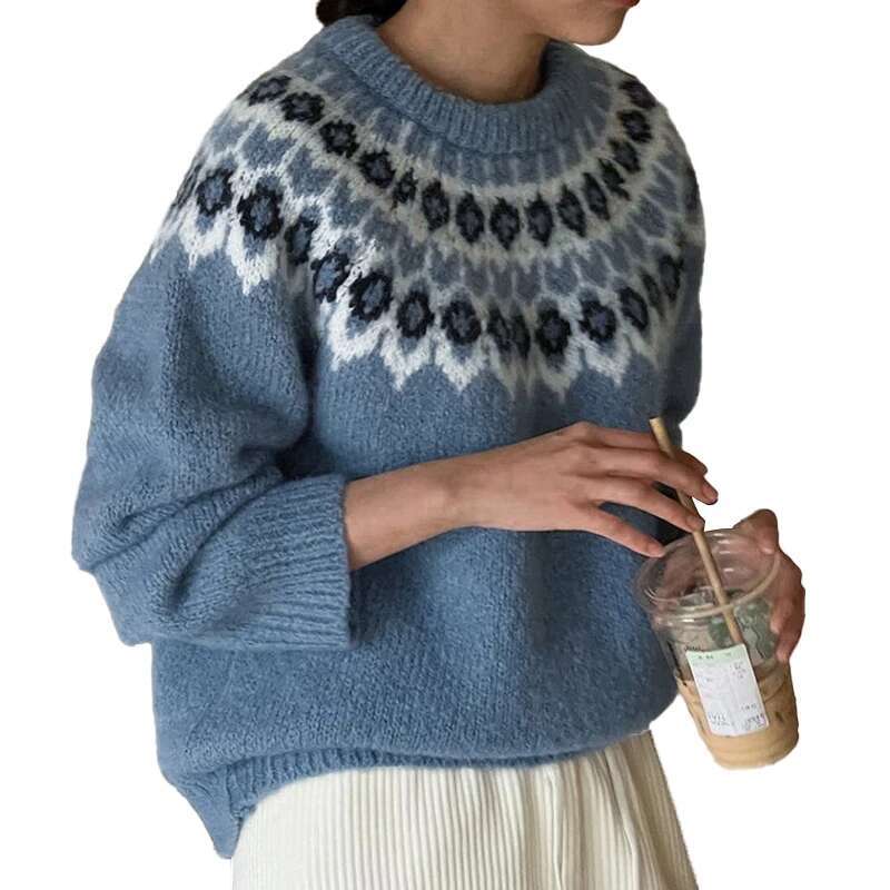 Qing Fair Isle Sweater Y2k Clothes Women Geometrical Print Round Neck Long Sleeve Tops 2000S Aesthetic Clothing Streetwear