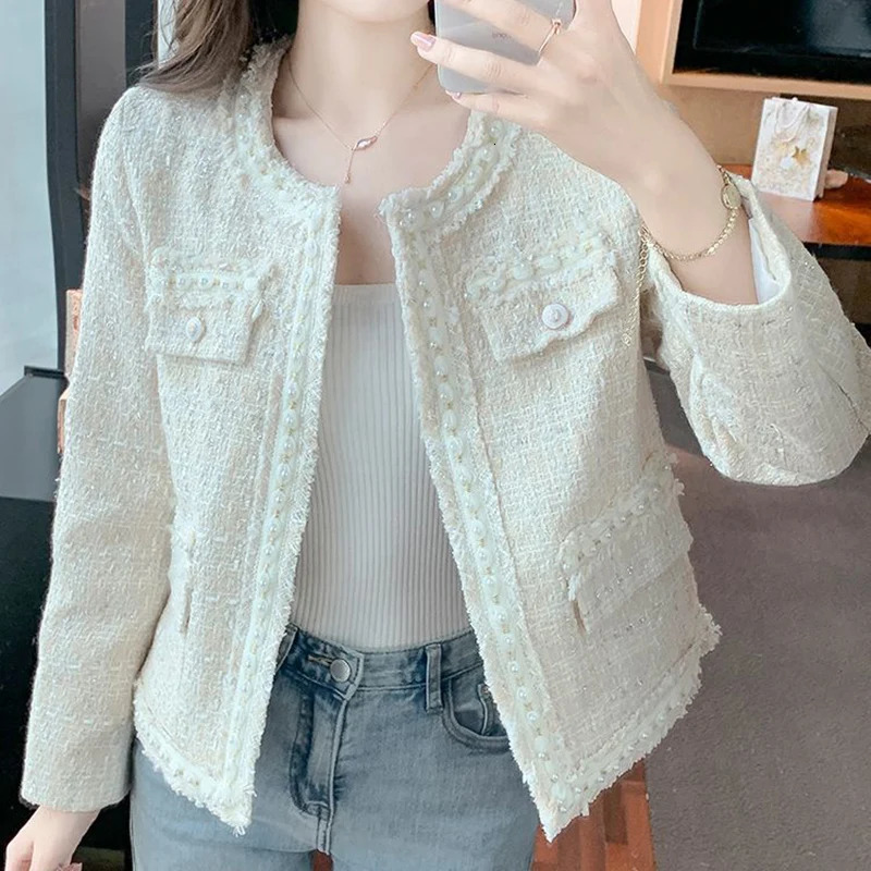 Rimcoy Korean Sweet Tweed Jacket for Women Fashion Pearls Decor Round Neck Dress Coats Woman Long Sleeve Chic Jackets Female 250109