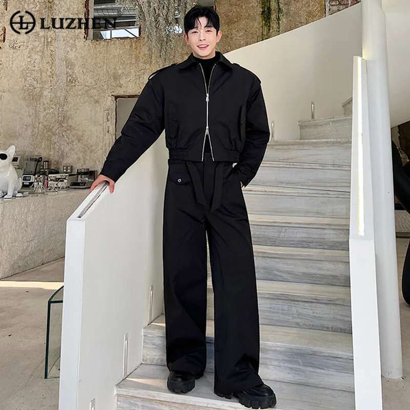 Stylish Double Zipper Design Casual Jackets Loose Straight Tube Pants Men's Trendy Two-Piece Sets Autumn New Ae0bff