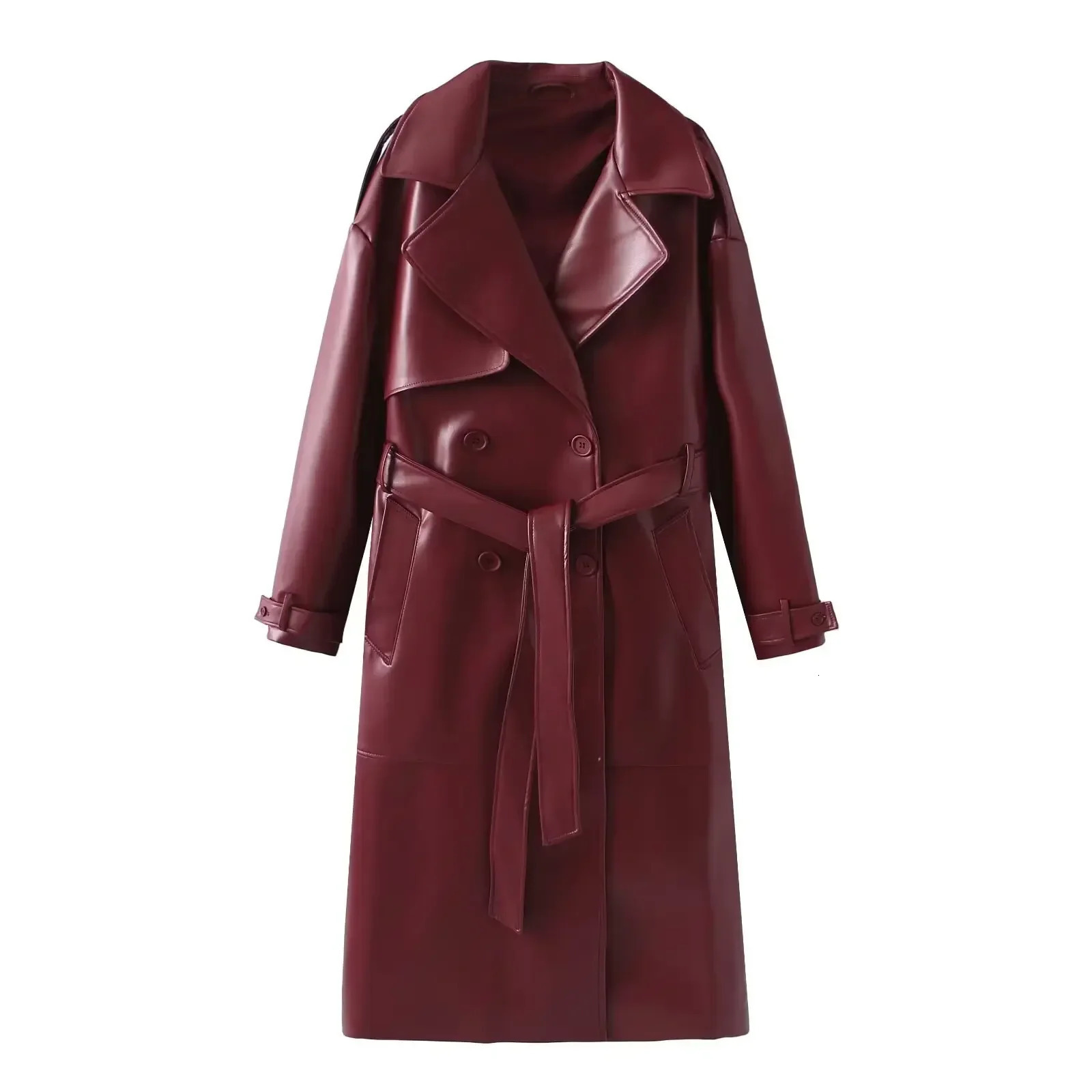 Womens Burgundy Leather Long Coat 2024 Fashion Lapel Vintage Overcoat with Belt Autumn Winter Chic Warm Solid Outerwear 250103