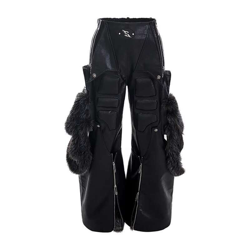 Autumn Original Designer New In Faux Leather Trousers Detachable Splicing Imitation Fur Pants High End Street