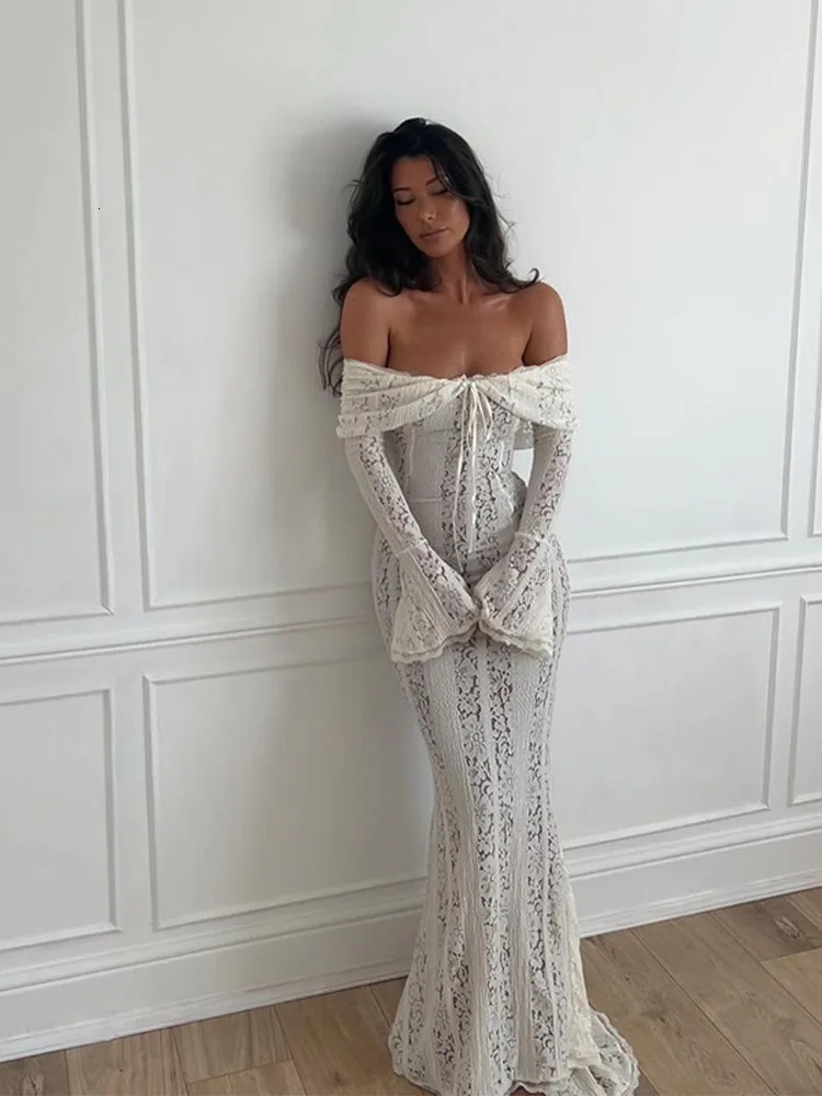 One Shoulder Backless - Chic Hollow Out Slim Long Dress For Women, Sexy Solid Lace Up Waistless Party Date Robe C260311