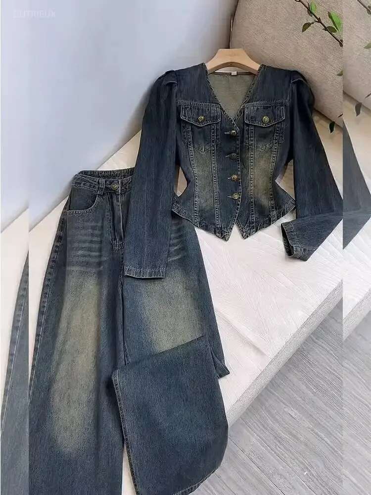 V Neck Denim Coat Wide Leg Jeans Trousers 2 Piece Sets Womens Outfits Y2k Suits Vintage Autumn Winter Jacket Loose Pants