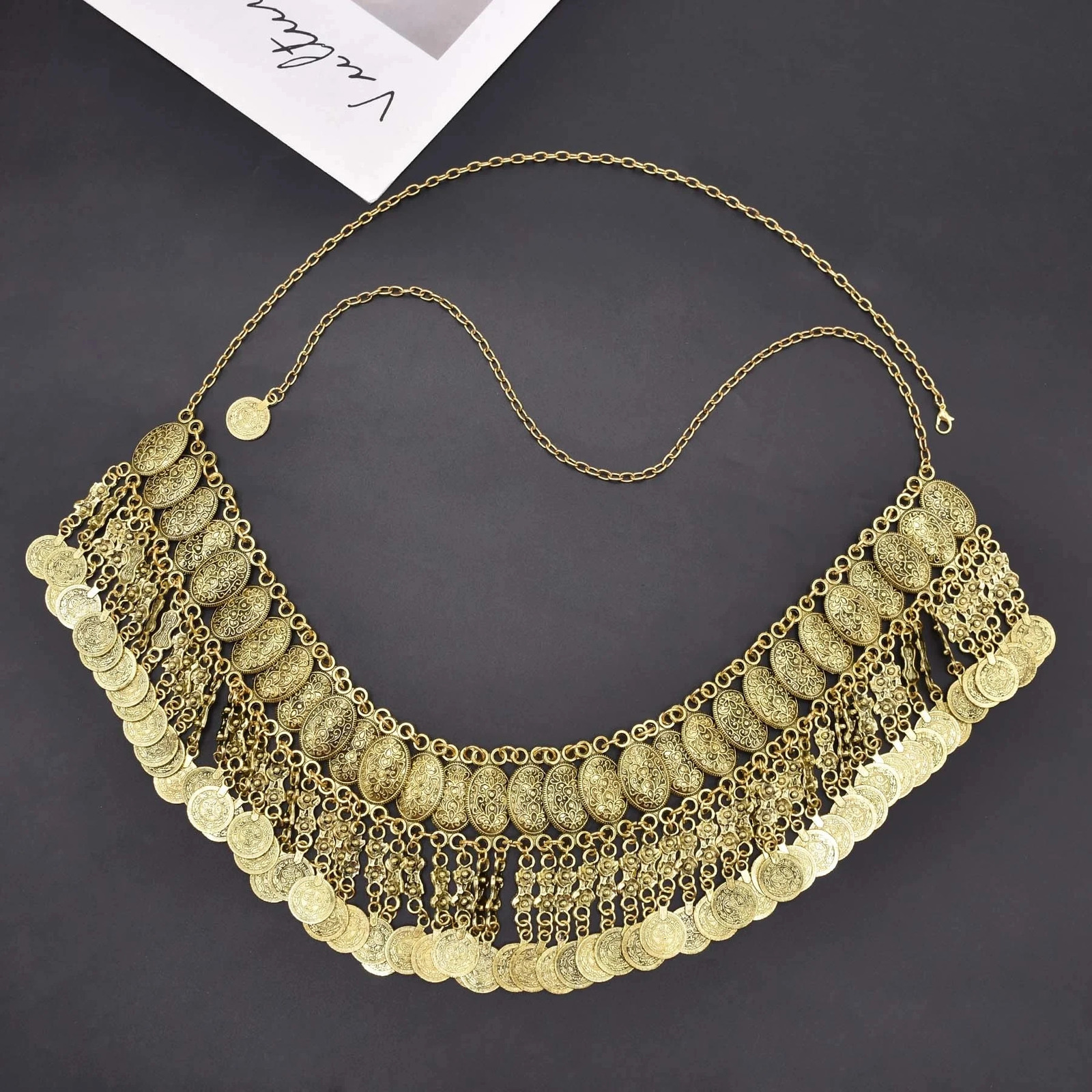 Vintage Oval Carved Flower Coin Tassel Waist Belly Chains Body Jewelry Gypsy India Bohemian Summer Beach Party Metal Coins Belts 250107