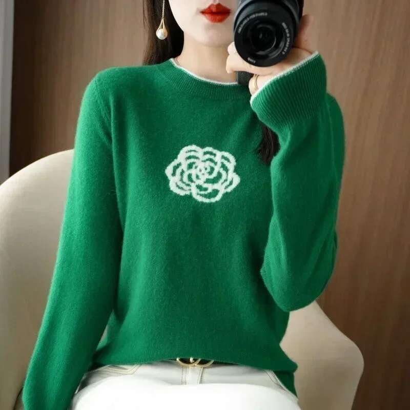 Spring Autumn New Women's Round Neck Contrast Color Worsted Wool Knitted Sweater Elegant And Fashionable Jacquard Type