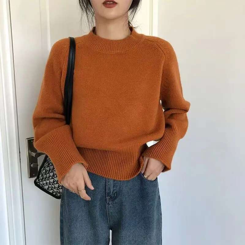 Vintag Fashion Autumn Winter Sweaters Women's O-Neck Solid Korean Lazy Wind All-Match Long Sleeve Loose Pullovers Knitted Tops