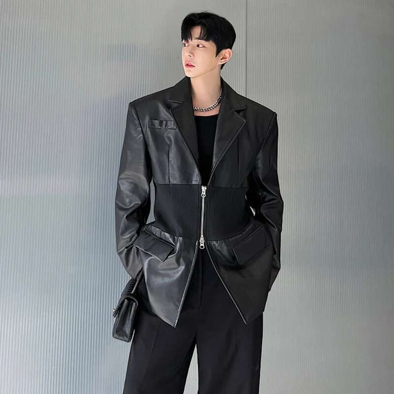 New Trendy Men's Knitted Splicing Design Leather Blazers Coat Double Zipper Shoulder Pad Suit Jacket High Street