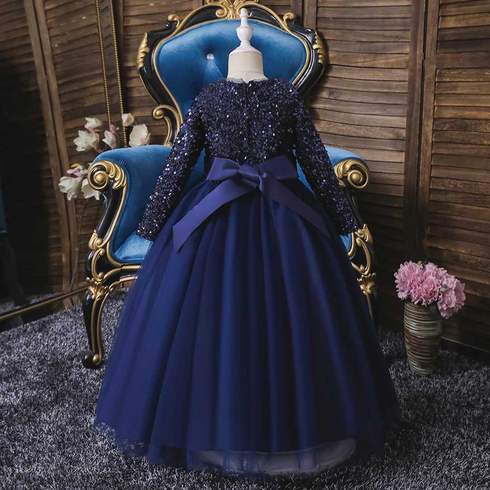 318 Girls Birthday Evening Dress Long Sleeve Sparkling Pong Skirt Flower Girl Wedding Dress Piano Performance DressXJ250108