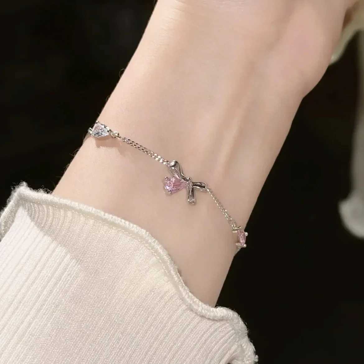 Shiny Pink Crystal Cherry Blossom Bracelets For Women Girls Sweet Moon Bow Flowers Zircon Bracelet Party Aesthetic Egirl JewelryXJ250109