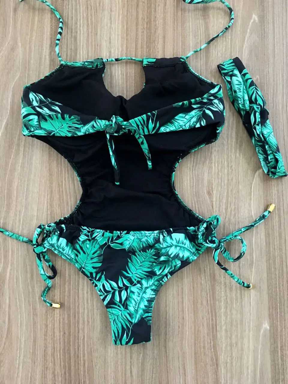 Green af print Cut Out One-Piece Swimsuit Women Sexy ss String Adjust Girls Beach Bathing Suit SwimwearXJ240108