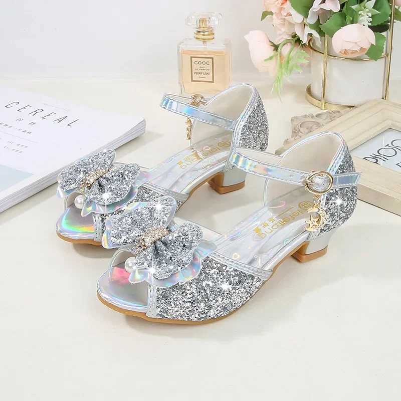 Childrens Princess Wedding Leather Shoes Summer Classic Bow Girls Crystal Sandals Sparkling Par Dance Childrens High Heels W250108