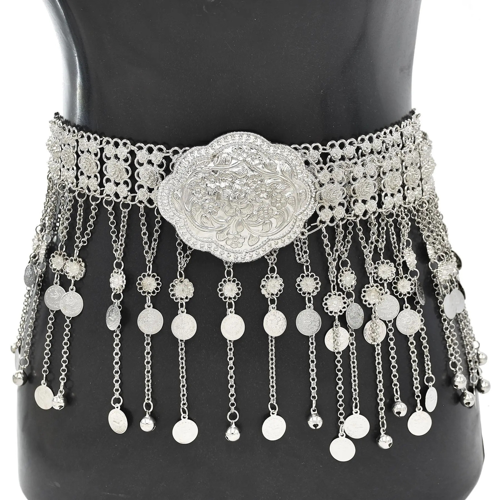 Vintage Oxidized Silver Color Metal Belly Chains for Women Ethnic Coin Long Tassel Dance Dress Waist Body Chain Gypsy Indian 250107