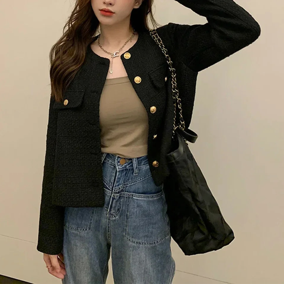 Cropped Tweed Jacket Women Vintage Aesthetic Korean Fashion Harajuku Chic-Elegant Jackets Autumn Winter Cardigan Coat 250109