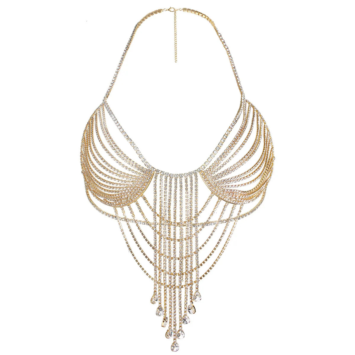 Light Multilayer Hollow Out Water Droplet Tassels Rhinestone Chest Chain Nightclub Body Chain 250107