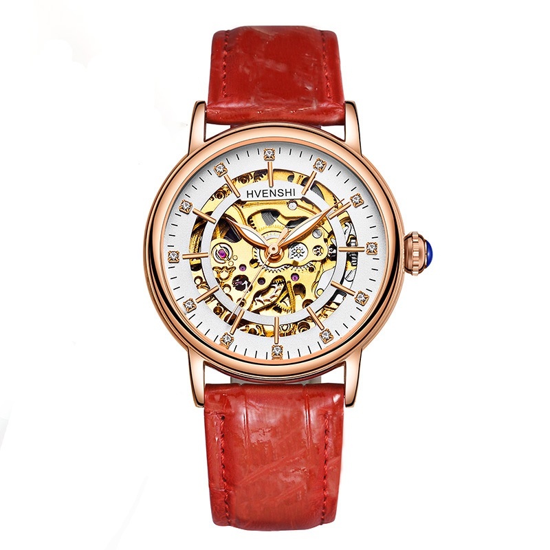 Elegant HVENSHI Women's Skeleton Dial Watch with Glow-in-the-Dark Feature and Stylish Leather Strap