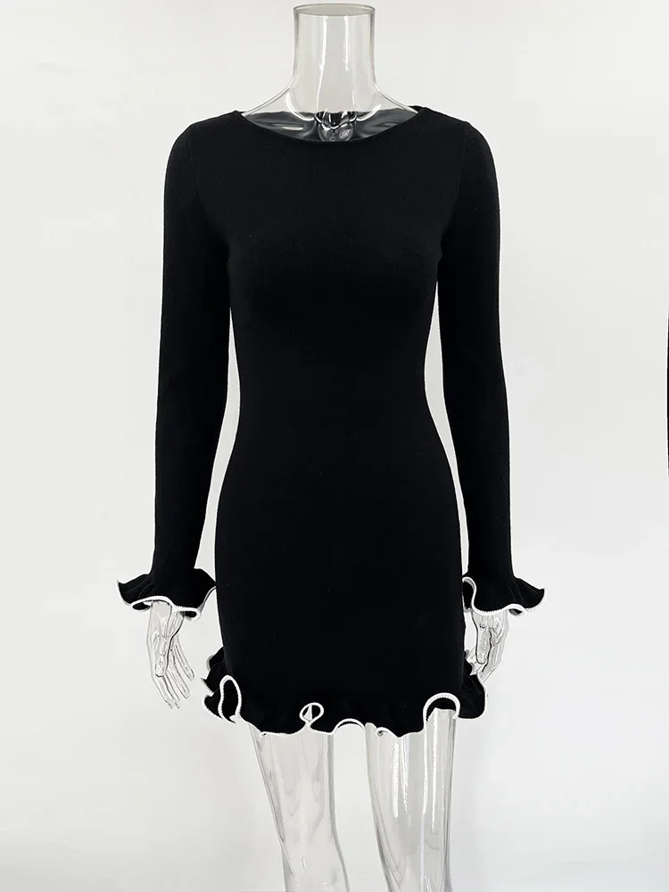 TARUXY Autumn Knitted Mini Dress For Women Fungus Contrast Color Slim Sweater Elegant Female Party Clothes Long Sleeve 250109