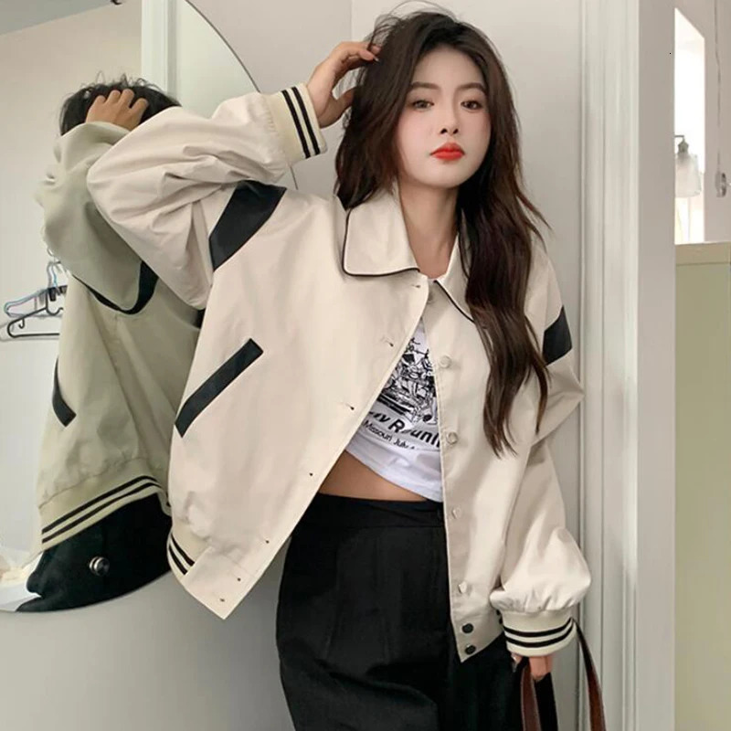 Rimocy Korean Fashion Baseball Uniform Jacket Women Chic Turn Down Collar Bomber Jackets Woman Streetwear Button Up Coats 250109