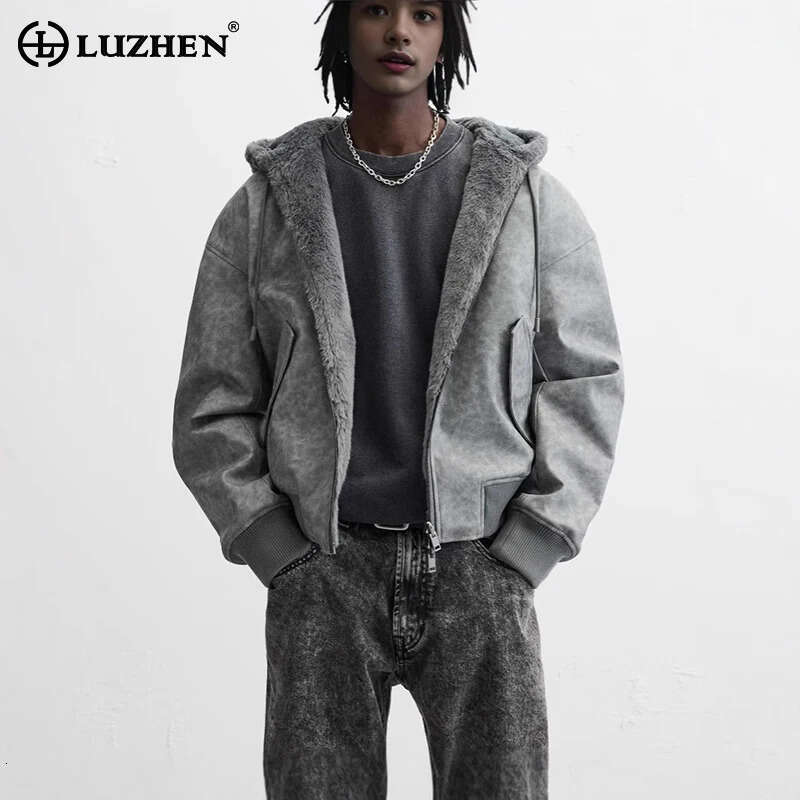 Men's Reversible Faux Leather Hooded Pilot Jacket Functional Wear Lamb Wool Er Parkas Designer Street Coats