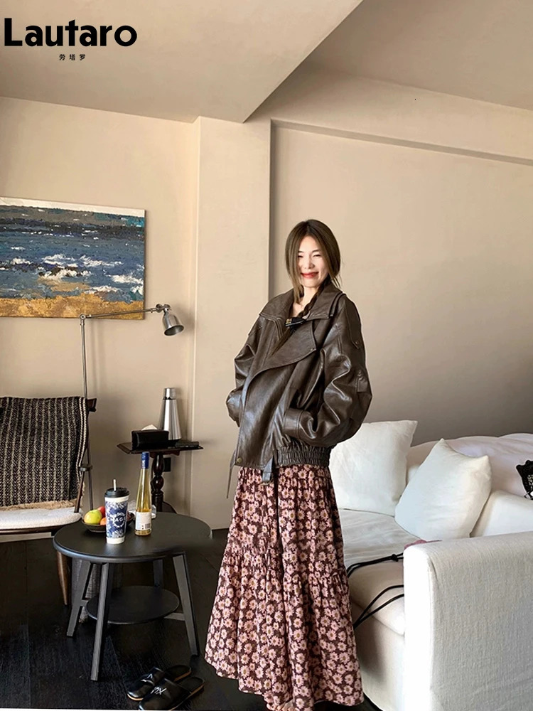Lautaro Spring Cool Distressed Washed Brown Oversized Pu Leather Jacket Women Zippper y ner American Retro Clothing 250109