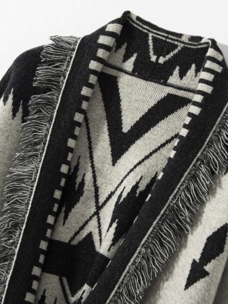Women Vintage Tassels Cardigan 100% Cashmere Knit Jacquard Sweater Coat Autumn Winter High Quality Female Clothing Tops