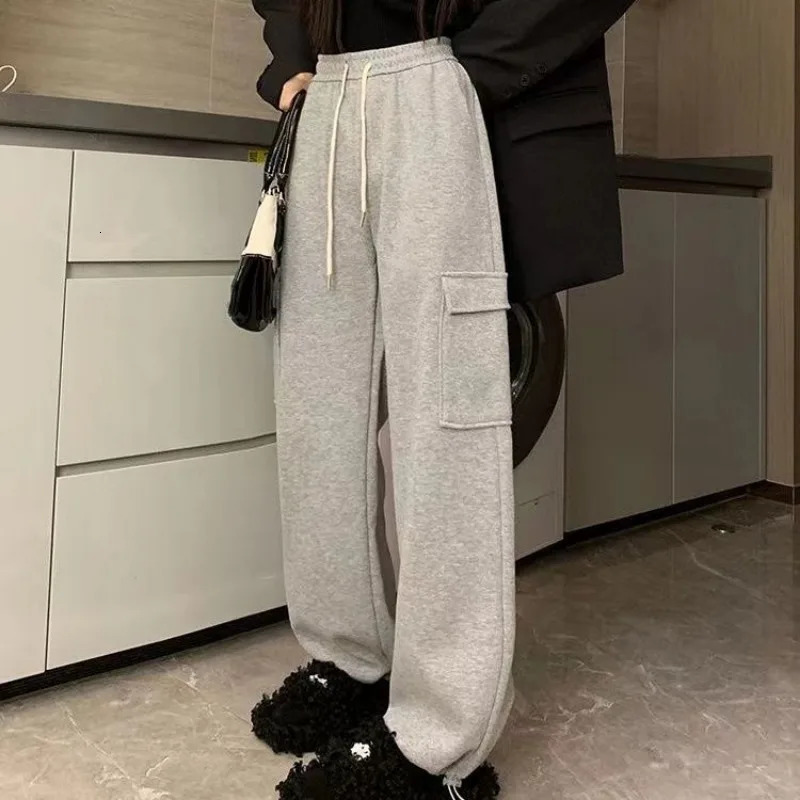 Plus Velvet Cargo Pants Women Men High Waist Drawstring Baggy Trousers Harajuku Big Pocket Oversized Wide Leg Sweatpants 250109