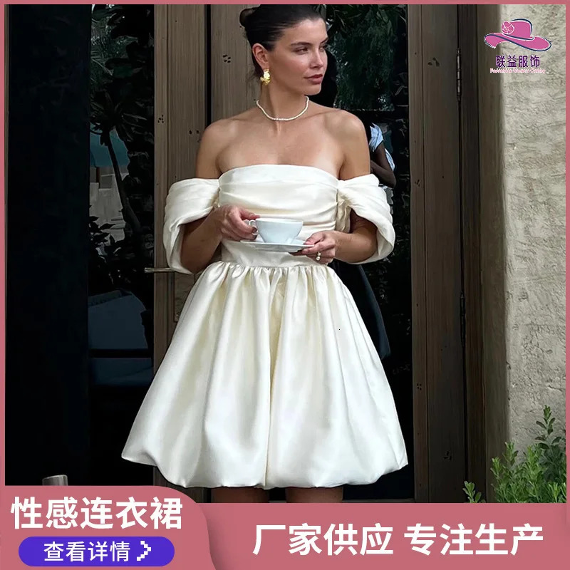Simple Elegant Dresses Solid Color One Line Neck Celebrity Style Princess Dress Fashion Sexy Bra Style Princess Sleeve Garment250103