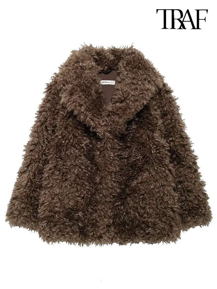 TRAF Women's Fashion 2024 Fall Winter Europe And The United States Retro Style Brown Faux Fur Effect Long-Sleeved Lapel Coat