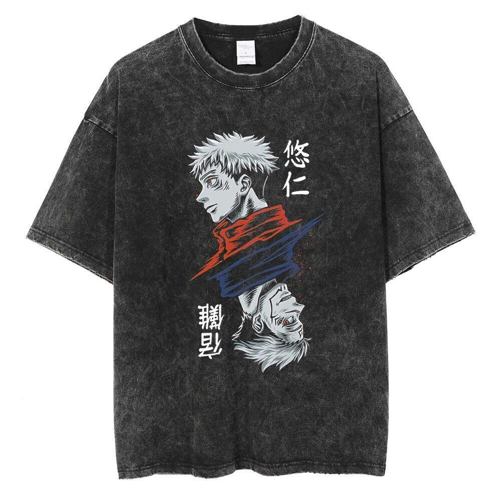 Washed t-shirt, street hip-hop anime, five mantras, battle back graphics, casual cotton, summer short sleeve