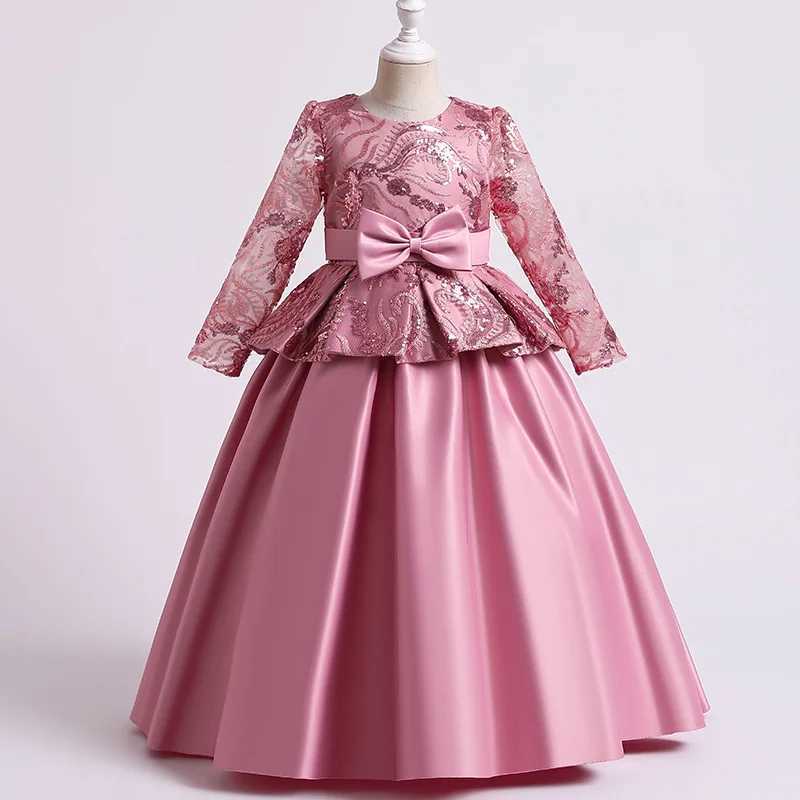 Fashion Childrens Satin Bow Printed Princess Dress Host Long Childrens Piano Performance DressXJ250108