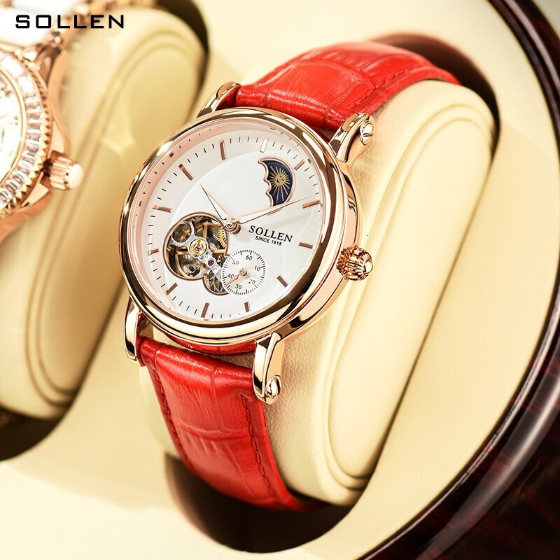 SOLLEN Women's Automatic Mechanical Watch with Moon Phase and Skeleton Dial