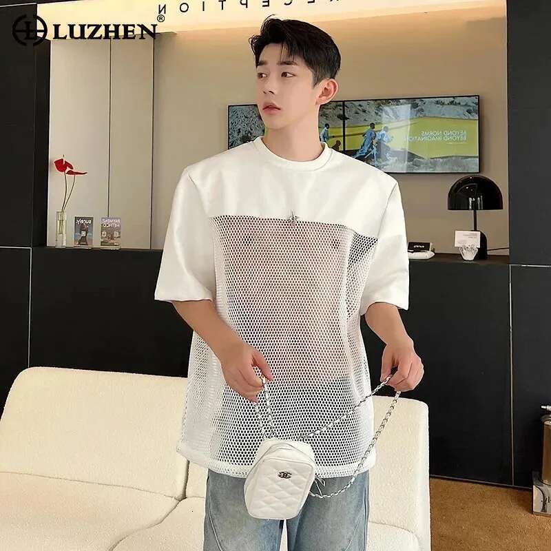 Hollow Out Mesh Splicing Design T-Shirt Short Sleeve Men's 2024 Summer Street High Quality Solid Color Trendy Tops 5C8911