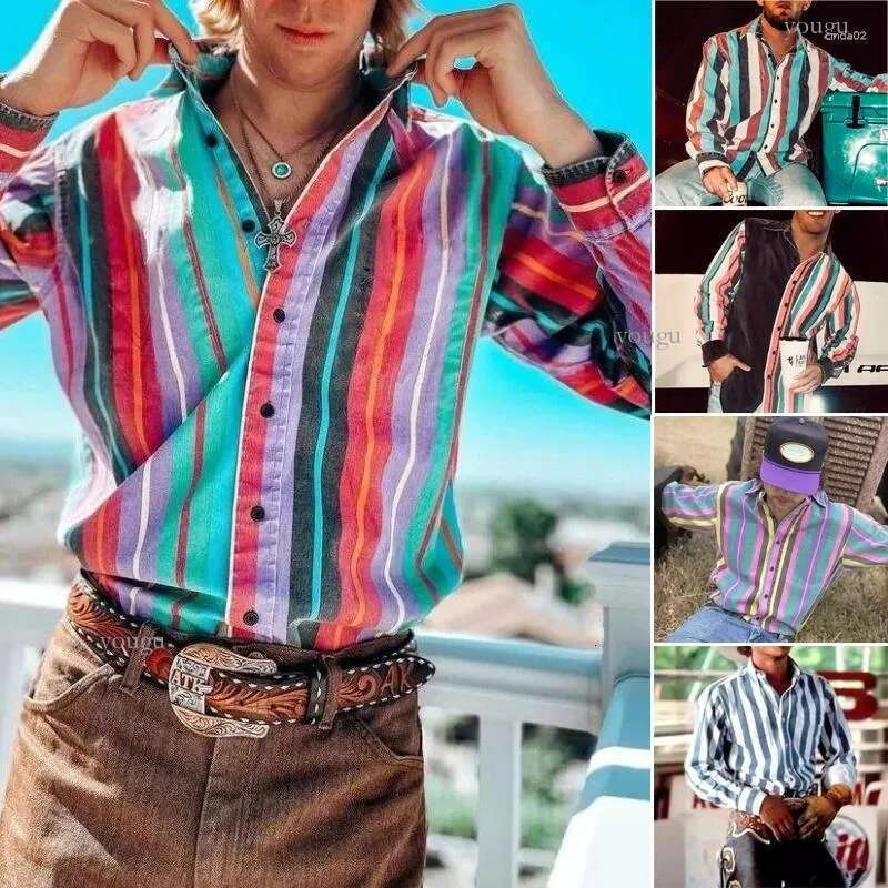 Men's Casual Shirts Summer Social Buttons Down Shirt Long Sleeve Western Cowboy Vintage Retro Printed Beach Clothing Mens B3