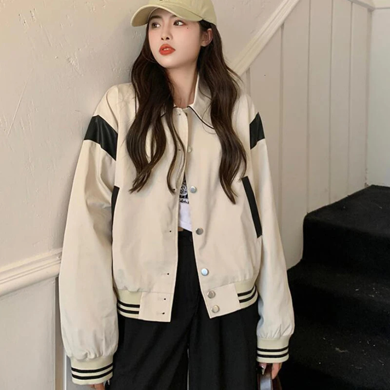 Rimocy Korean Fashion Baseball Uniform Jacket Women Chic Turn Down Collar Bomber Jackets Woman Streetwear Button Up Coats 250109