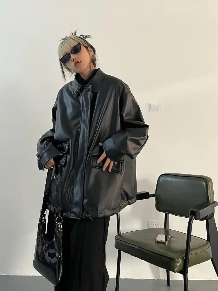 Tawaaiw Streetwear Black PU Leather Coats And Jacket Pocket Long Sleeve Y2K Gothic Autumn Spring Ladies Jackets Outerwear 250103