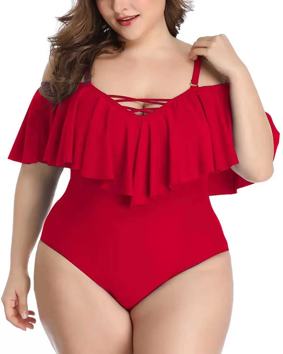 Plus Size Swimwear Ruffd One Piece Swimsuit Women Shoulder Off Bathing Suit Large Size Monokini Bandage Swimsuit 2022 dropshipXJ240108
