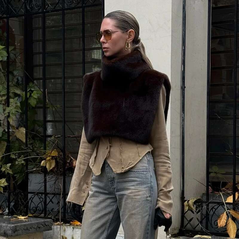 CUTENOVA Solid Color Half Turtleneck Furry Sleeveless Patchwork Short Section Pullover Top 2024Fall Woman's Clothing Street