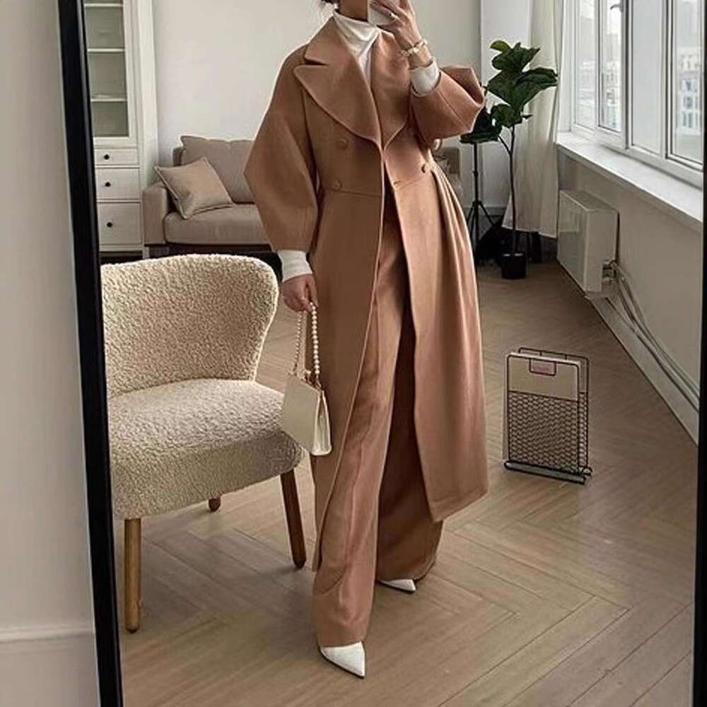 European American Autumn And Winter New Lantern Sleeve Big Collar Fashionable Woolen Long Coat