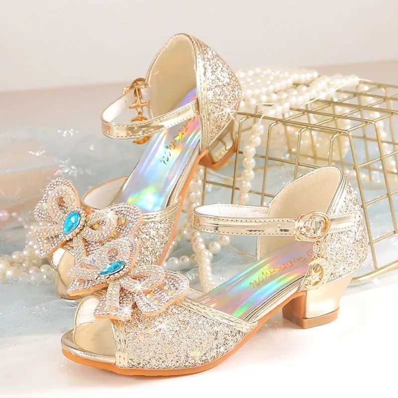 Summer girls sandals with heels fashionable rhinestones sparkling shoes childrens princess bow pearl dance shoes W250108